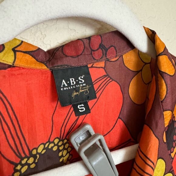 Vintage 80s Floral Silk Blouse Top Sz Small Puff‎ Sleeve Rust Orange Retro - Picture 4 of 6